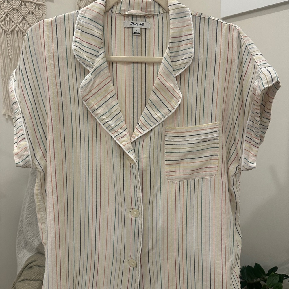 Madewell Striped Short Sleeve Button Front Cotton Pajama Style Top M